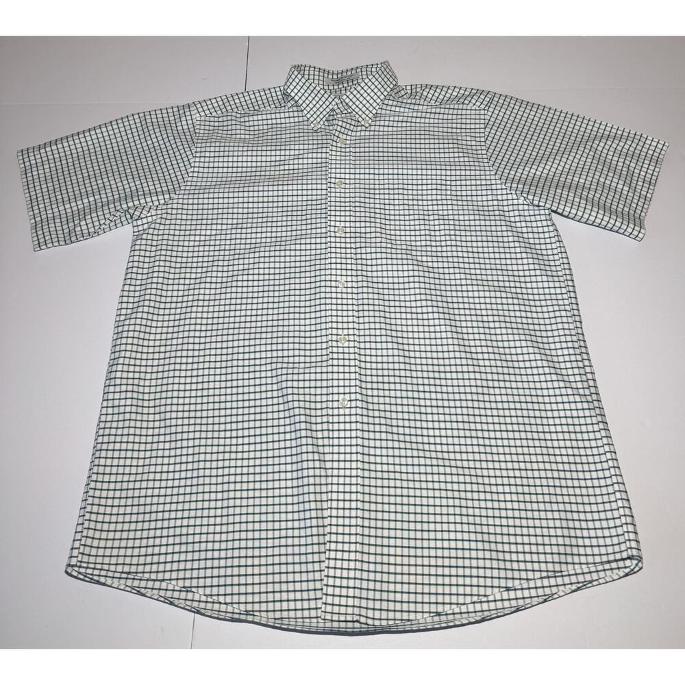 L.L. Bean Dress Shirt Adult 17-REG Green White Check Button Down Pocket Mens‎
